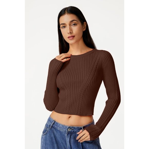 Womens Cable Knit Crewneck Sweater Slim Fit Crop Long Sleeve Pullover - Picture 4 of 6